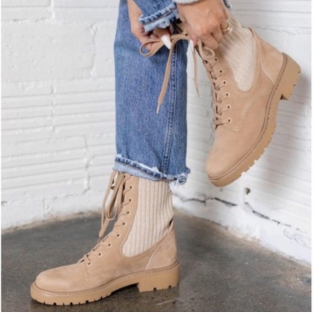 Sam Edelman Lydell Sesame Block Heel Round Toe Lace Up Combat Ankle Boots